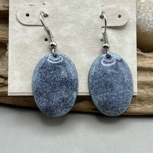 Elegant Artisan Handmade Blue Speckled Enameled Oval Dangle Earrings - OOAK